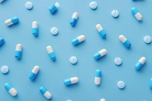 Overhead view of various pills and medicinal capsules scattered on a blue surface photo