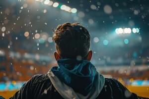 Soccer fan enjoying match under the snowfall in crowded stadium photo