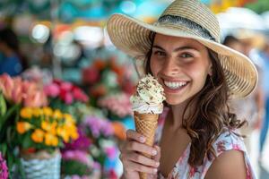 Smiling woman in sun hat enjoys ice cream at colorful flower market on sunny summer day photo
