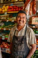Smiling grocer in fruit store photo