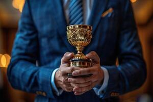 Closeup photo of a stylish person holding a golden trophy, representing success and accomplishment in a professional or competitive setting with a soft, outoffocus backdrop