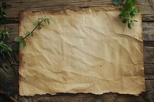 High-quality image of aged paper with plants on rustic wood, ideal for creative backgrounds photo