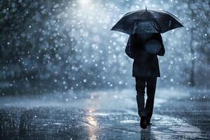 Solitary figure walks under an umbrella on a rainy night, with city lights creating a bokeh effect. The scene conveys solitude, tranquility, and introspection in an urban setting photo