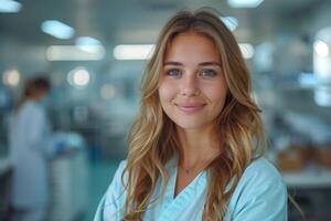 Portrait of a smiling young female doctor in scrubs standing in a modern clinic hallway, exuding professionalism and warmth with a blurred medical setting in the background photo
