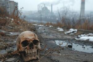 Postapocalyptic scene with a human skull in the foreground and a desolate industrial backdrop photo