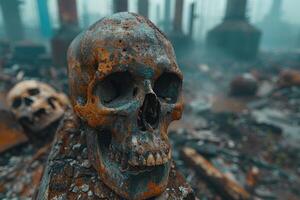 Closeup shot of an aged human skull with intricate textures, set against a hauntingly foggy and desolate landscape with silhouettes of ruins, evoking a sense of history and the passage of time photo