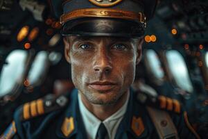 intenso piloto en uniforme y gorra, con determinado ojos y borroso cabina control S en el antecedentes foto