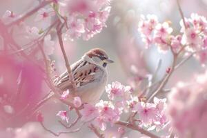Tranquil sparrow perched gracefully on a branch, amidst the gentle pink blossoms of spring, with sunlight filtering through in a serene, otherworldly glow photo