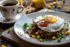 Nutritious breakfast setup featuring a sunny side up egg on a bed of quinoa, bacon bits, and corn, paired with a cup of black coffee on a rustic wooden table photo