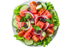 Fresh Watermelon Salad with Cucumbers, Tomatoes, Red Onion, and Olives - Realistic Image png