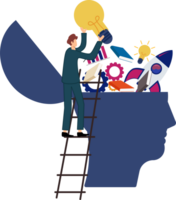 man putting light bulb ideas, books and rocket booster into human head to upgrade working skill or upskill learn new things and knowledge development for new skill png