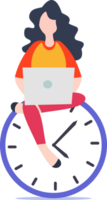 Time management concept or focus and time management while working from home and illustration of woman using laptop sitting on clock png