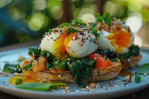 Beautifully presented bruschetta with fresh chard, spinach, smoked salmon, poached eggs, and a sprinkle of dukkah, set against a blurred garden backdrop photo
