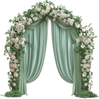 Elegant Wedding Ceremony Arch with Vibrant Green Fabric Background Enhanced by Artistic Decorative Roses, Creating a Timeless and Romantic Setting png