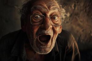 Senior man showing strong emotion with wide eyes and open mouth in close-up shot photo
