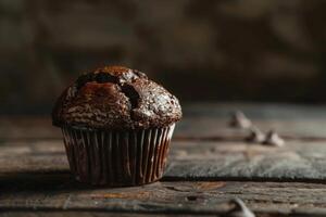 Scrumptious chocolate muffin with a dusting of sugar, presented in a moody, dark setting photo