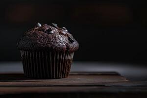 Meticulously shot image capturing a chocolate muffin against a dark backdrop, highlighting its texture and appeal photo