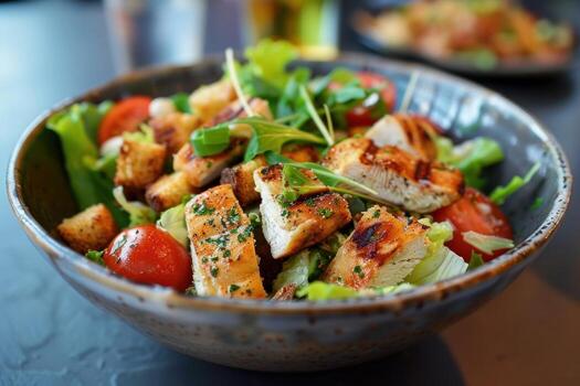 de cerca de un delicioso A la parrilla pollo ensalada con Tomates y verduras en un cerámico cuenco foto