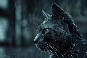 Elderly cat's visage captured in monochrome, gazing aside against a serene, rain-soaked backdrop, highlighting the profound detail of its fur and whiskers photo