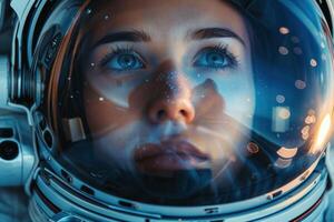 Close-up of a female astronaut in a reflective helmet, with wonder-filled eyes and a backdrop hinting at distant galaxies and stars photo