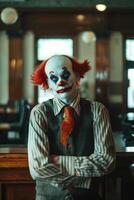 Confident clown in formal attire with folded arms in a stylish office setting photo