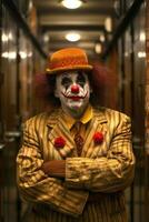 Confident clown in a business suit portrayed in a whimsical manner photo