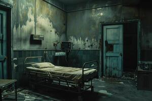 Eerie abandoned hospital room with aging equipment and peeling walls, creating a post-apocalyptic ambiance photo