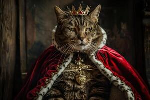 Regal tabby cat adorned in king's attire, with a golden crown and royal red cloak, commands attention against a vintage backdrop photo