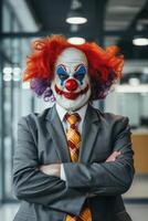 Clown with a business suit and tie, holding folders in a modern office setting photo