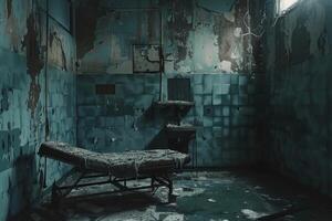 Haunting, dark image of a rusty and decaying hospital room with an eerie abandoned stretcher photo