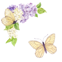 Romantic square frame made of lilac with white butterflies. Card for Mother's Day, Valentine's Day, wedding. Save the date. Template with place for text from spring flowers on a isolated background png