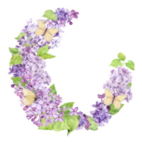 Lilac wreath. Watercolor frame of spring flowers with white butterflies. Wedding invitation template with place for text. Decor in boho style. Save the date illustration on a isolated background. png
