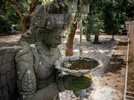a statue holding a lotus cup in a garden filled with rainwater photo