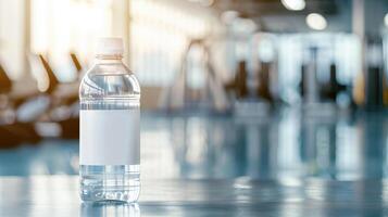 Plastic water bottle with blank label on a shiny gym floor, fitness equipment blurred in the background, emphasizing hydration during exercise. photo