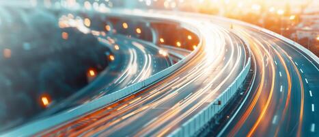 Dynamic night traffic on an illuminated curved highway with blurred motion lights, capturing the hustle and speed of urban life. photo