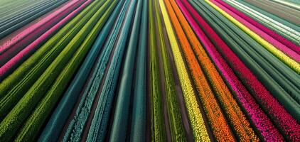 Aerial view of vibrant, colorful tulip fields in full bloom, showcasing nature's beauty and variety in a captivating linear pattern. photo