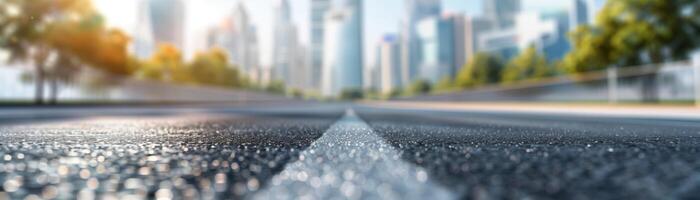 Empty city street with asphalt road and modern skyscrapers in the background, highlighting urban life and transportation concepts. photo