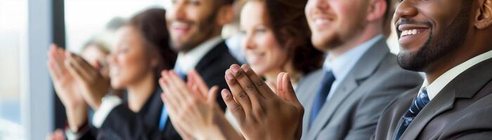 Group of professionals in a business meeting applauding with a smile, demonstrating appreciation and support. photo