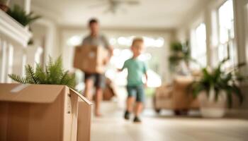 Family moving into new home with packed boxes and houseplants, capturing the joy and excitement of new beginnings in a bright and airy living space. photo