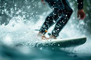 Surfer riding a wave with splashing water droplets, capturing the thrill and intensity of surfing in a dynamic shot. photo