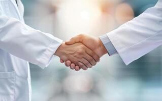 Two doctors shaking hands in agreement, symbolizing successful collaboration in the medical field with a bright background. photo