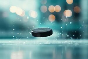 Close-up of a flying hockey puck with water droplets and bokeh lights in the background, capturing the essence of the sport. photo