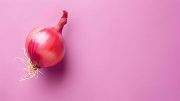 Single red onion on a pink background, showcasing its vibrant colors and fresh appearance, perfect for culinary-themed projects. photo