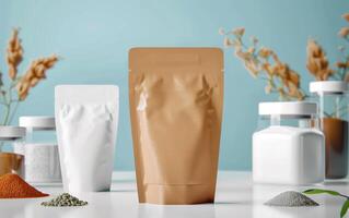 Eco-friendly brown and white stand-up pouches with various spices in a minimalist, aesthetically pleasing setting, against a blue background. photo