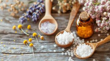 Wooden spoons with bath salts, flowers, and an essential oil bottle on a rustic wooden surface create a spa-like, relaxing atmosphere. photo