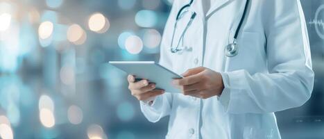 Doctor in white coat using tablet in modern hospital, representing healthcare technology and digital medical advancements. photo