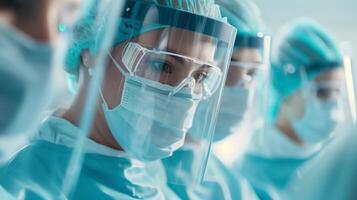 Healthcare professionals in full protective gear focused during a medical procedure in a modern hospital environment. photo