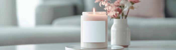 Cozy home decor with a lit candle and a vase of pink flowers on a table. Perfect for creating a serene and inviting atmosphere. photo