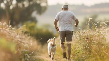 Man jogging with his dog on a rural dirt path surrounded by wildflowers and greenery under a serene, hazy sky. photo