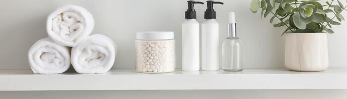 Minimalist bathroom shelf with rolled towels, spa products, and a plant, creating a relaxing and clean look. photo
